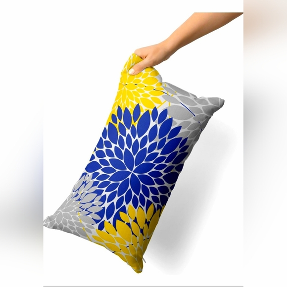 Snycler Navy Blue & Yellow Dahlia Pillow Covers, 12x20” Set of 2 - Picture 3 of 7